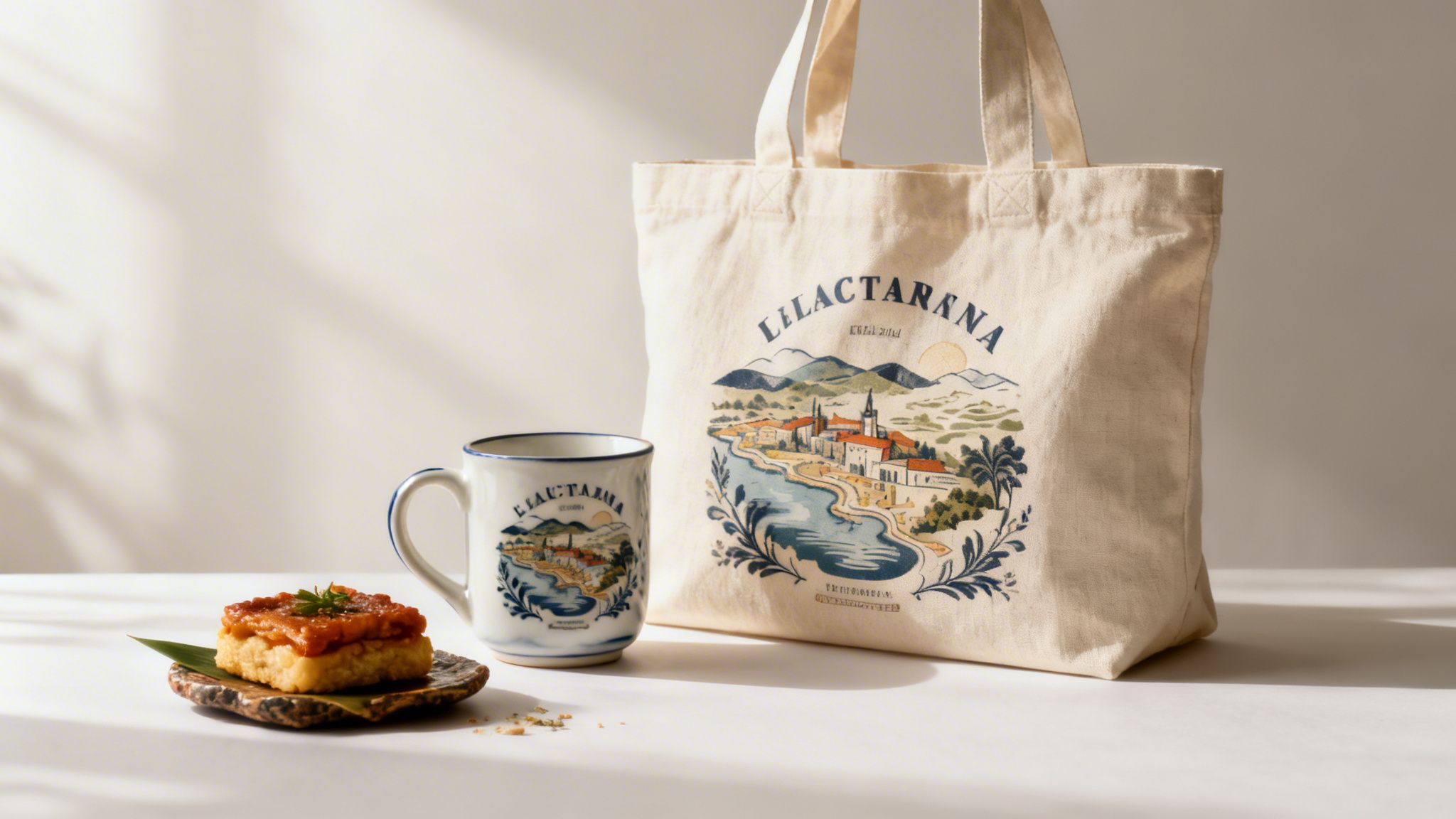 Eine Stofftasche und eine Tasse mit Küstenlandschaft-Illustrationen neben einem kleinen Stück Gebäck auf einem rustikalen Teller.