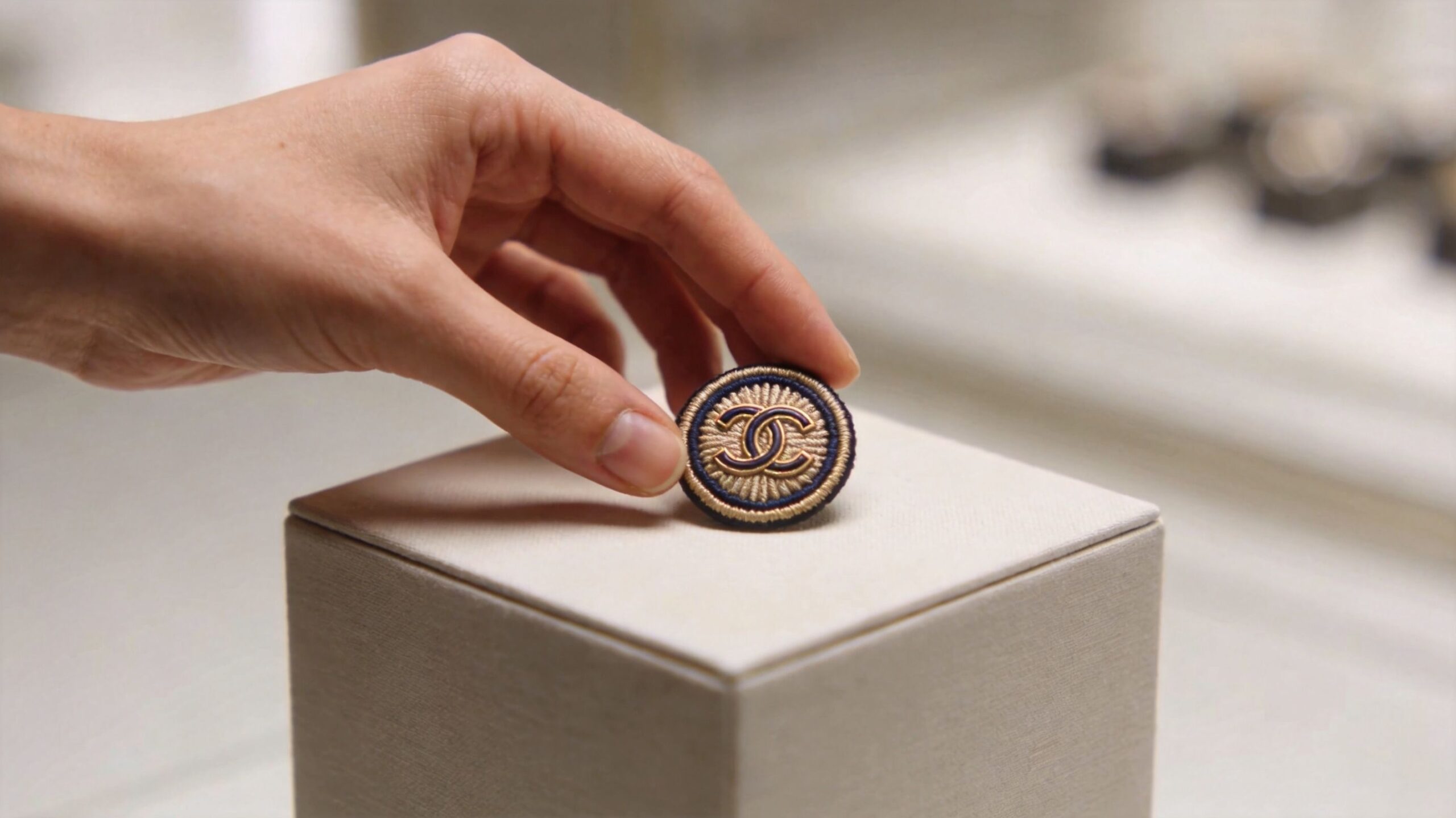 Eine Hand hält einen luxuriösen, bestickten Chanel-Knopf über einem beigefarbenen Präsentationswürfel auf einem Tisch.