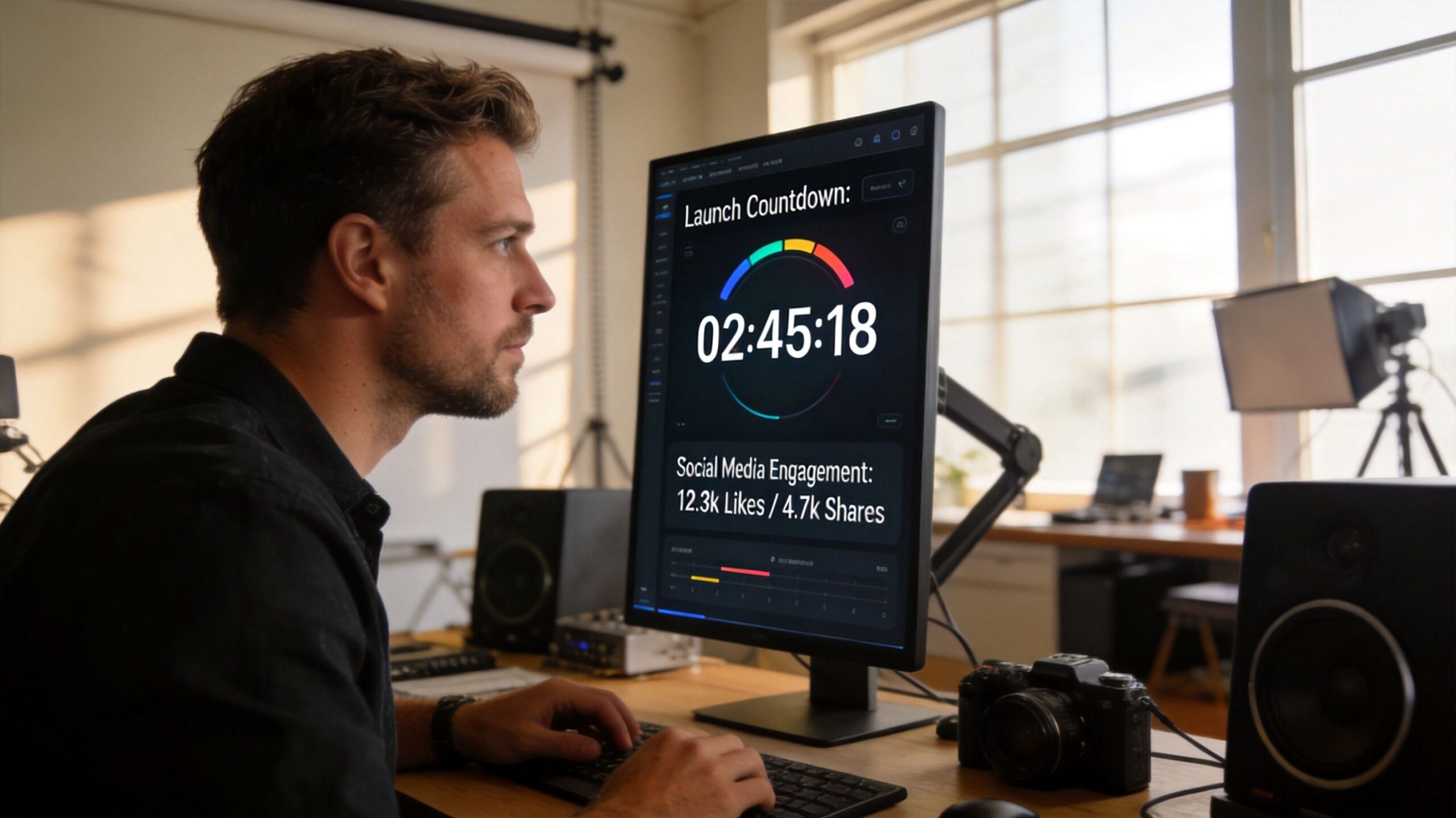 Ein fokussierter Content-Creator sitzt vor einem vertikalen Monitor, der einen Countdown für ein bevorstehendes Projekt anzeigt.