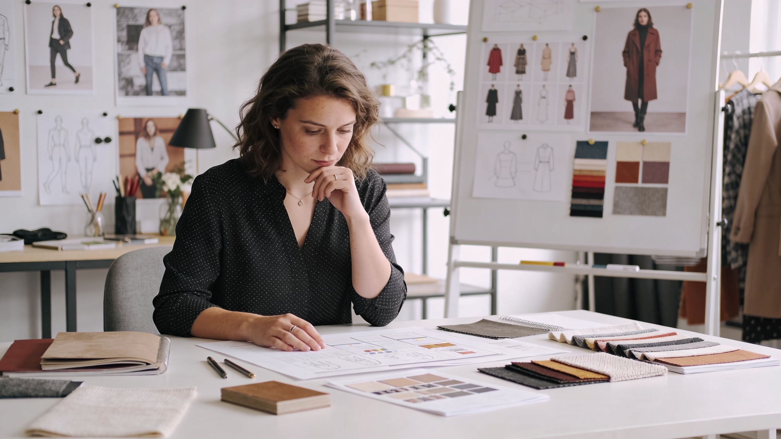 Eine konzentrierte Modedesignerin arbeitet an ihren Entwürfen in einem hellen, kreativen Atelier mit Stoffmustern auf dem Tisch.