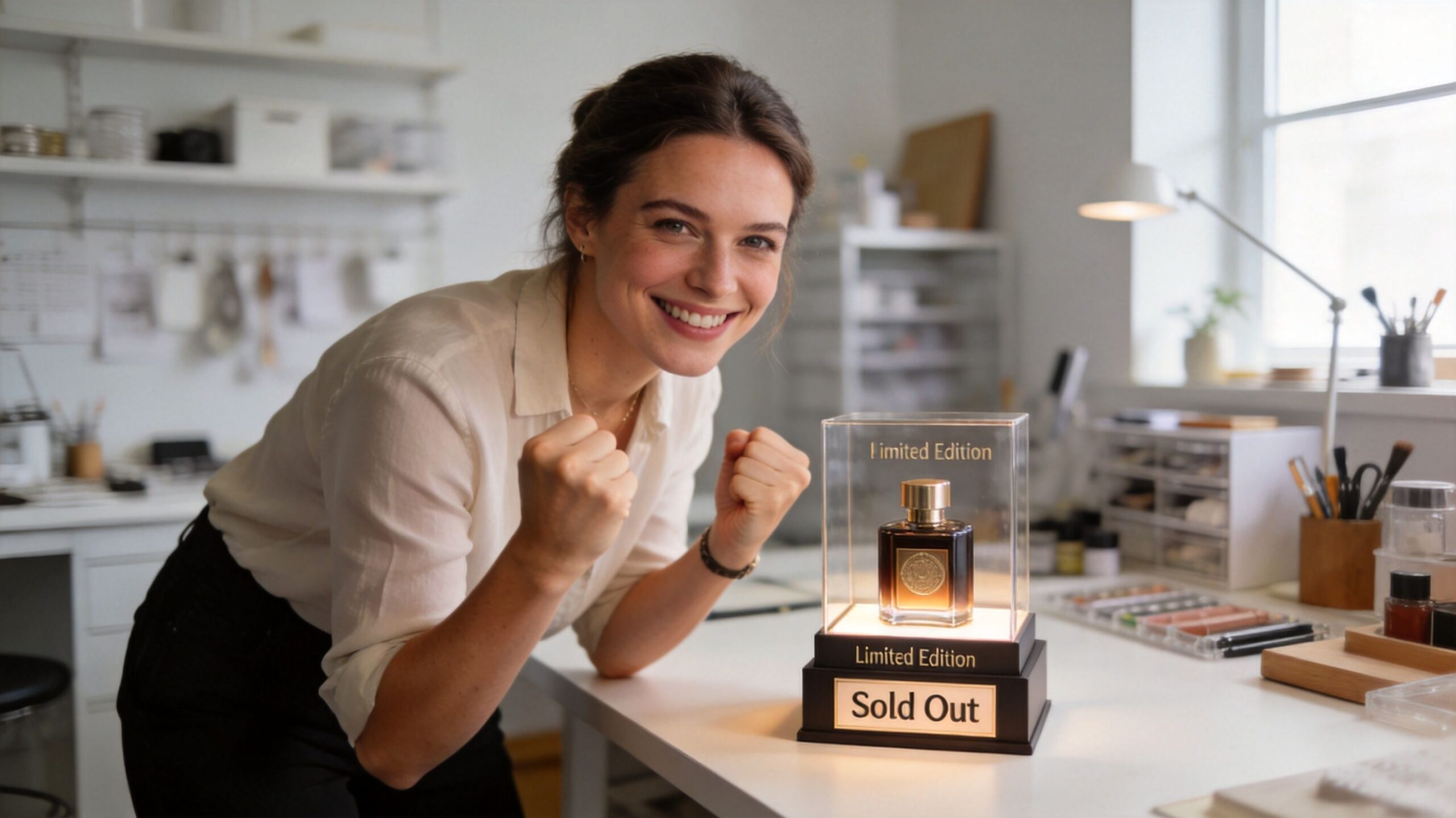 Eine glückliche Unternehmerin präsentiert eine limitierte Parfumflasche in einer beleuchteten Vitrine mit der Aufschrift Sold Out.