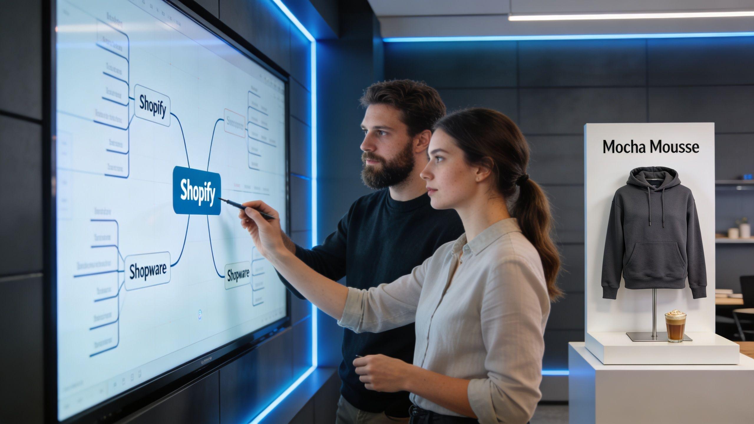 Zwei Fachleute analysieren E-Commerce-Plattformen auf einem interaktiven digitalen Whiteboard in einem modernen Büro mit Kleidungsauslage.