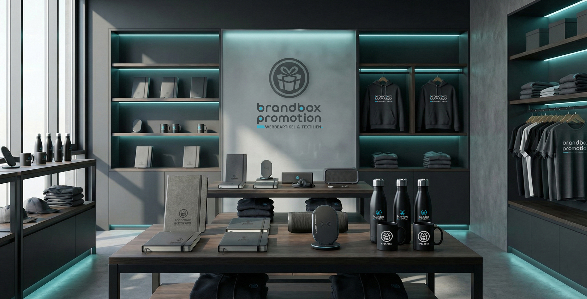 Showroom von Brandbox Promotion in Koblenz mit Werbeartikeln, Teambekleidung und Merchandising.