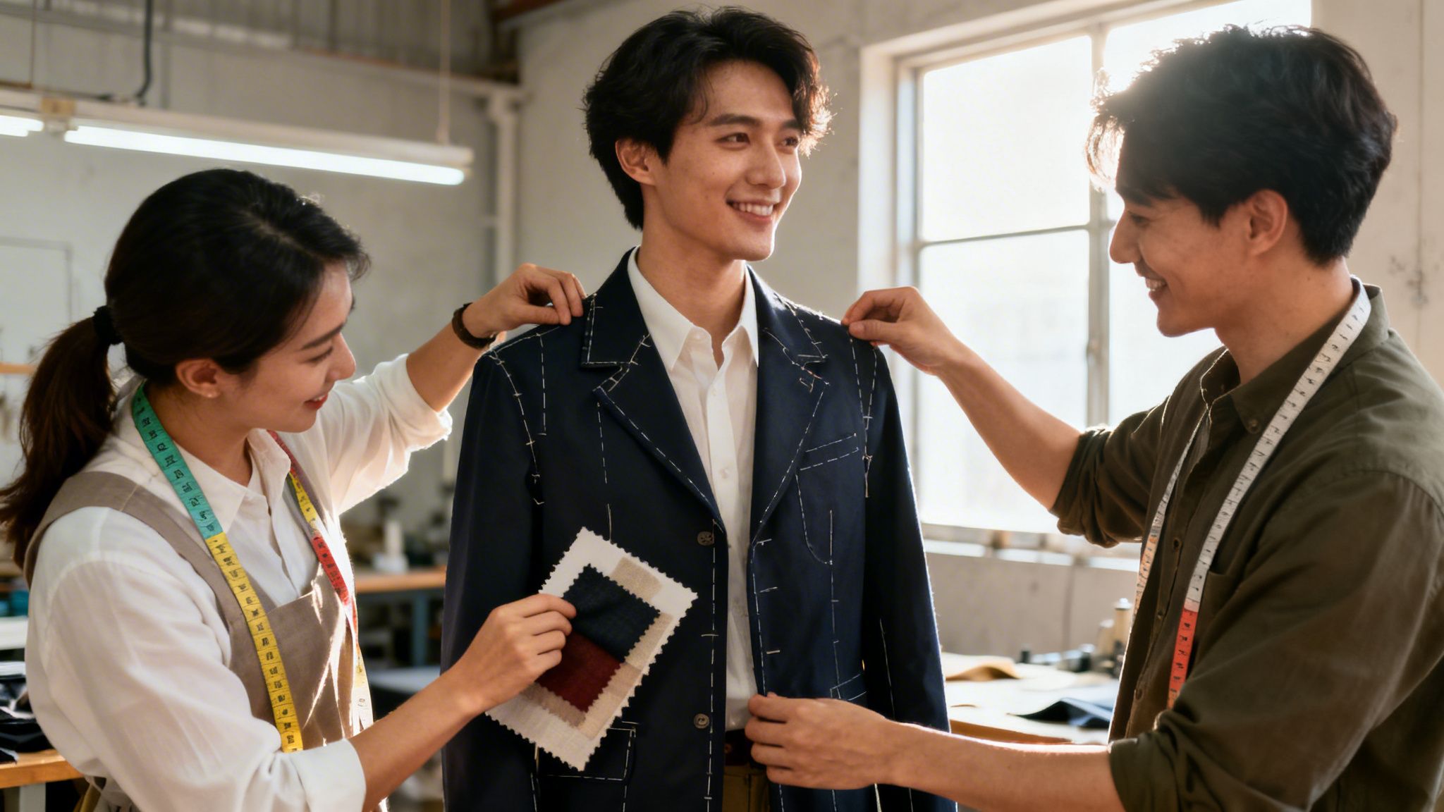 Zwei Schneider passen einem lächelnden Mann einen maßgeschneiderten Anzug an und zeigen Stoffmuster.