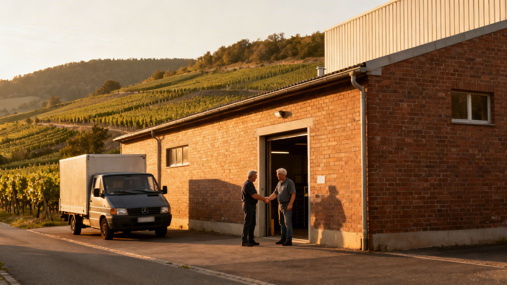 Zwei Männer schütteln sich die Hände vor einem Backsteingebäude mit Weinbergen im Hintergrund bei Sonnenuntergang.
