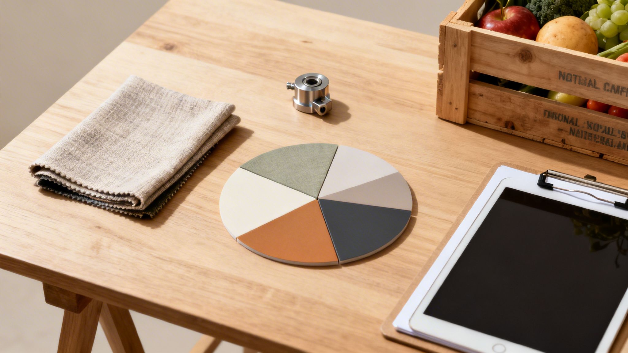 Ein Holztisch mit Stoff, Metallteil, Farbpalette, Obstkiste und Tablet bereit zur Arbeit.