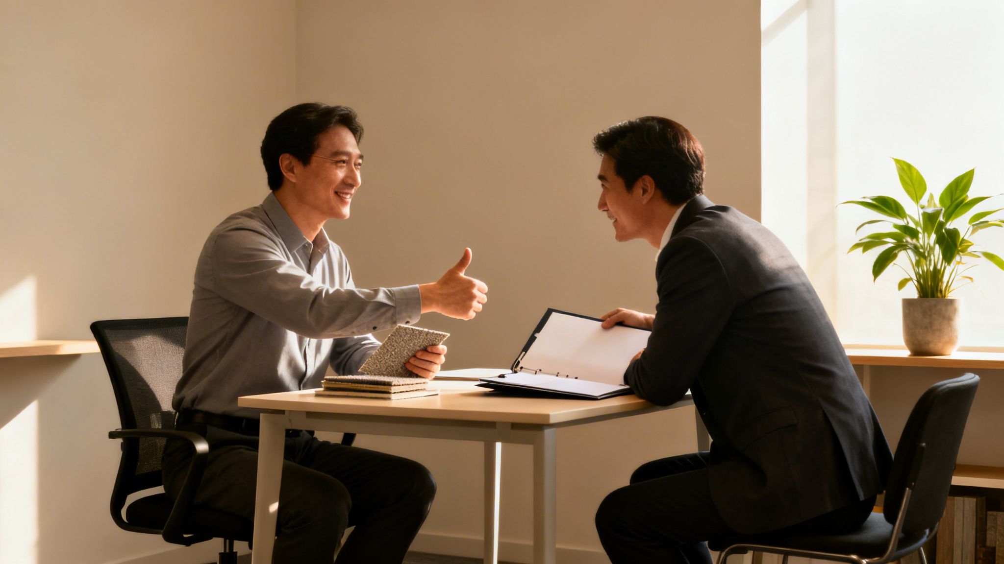 Zwei Männer bei einem Geschäftstreffen an einem Tisch, einer zeigt einen Daumen hoch.