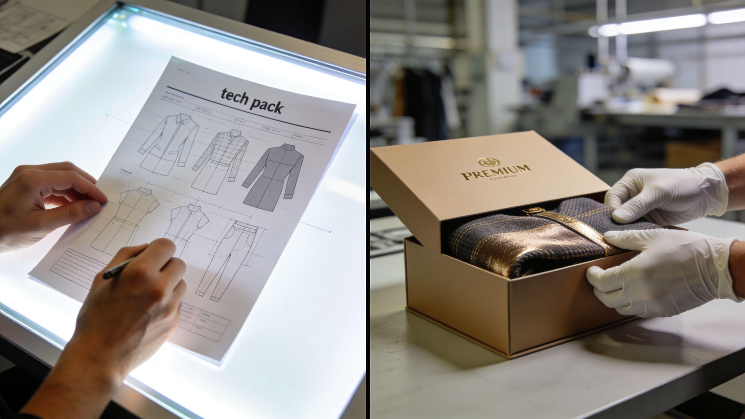 Ein Designer prüft ein technisches Modepaket und ein verpacktes Kleidungsstück in einer Produktionsumgebung in Deutschland.