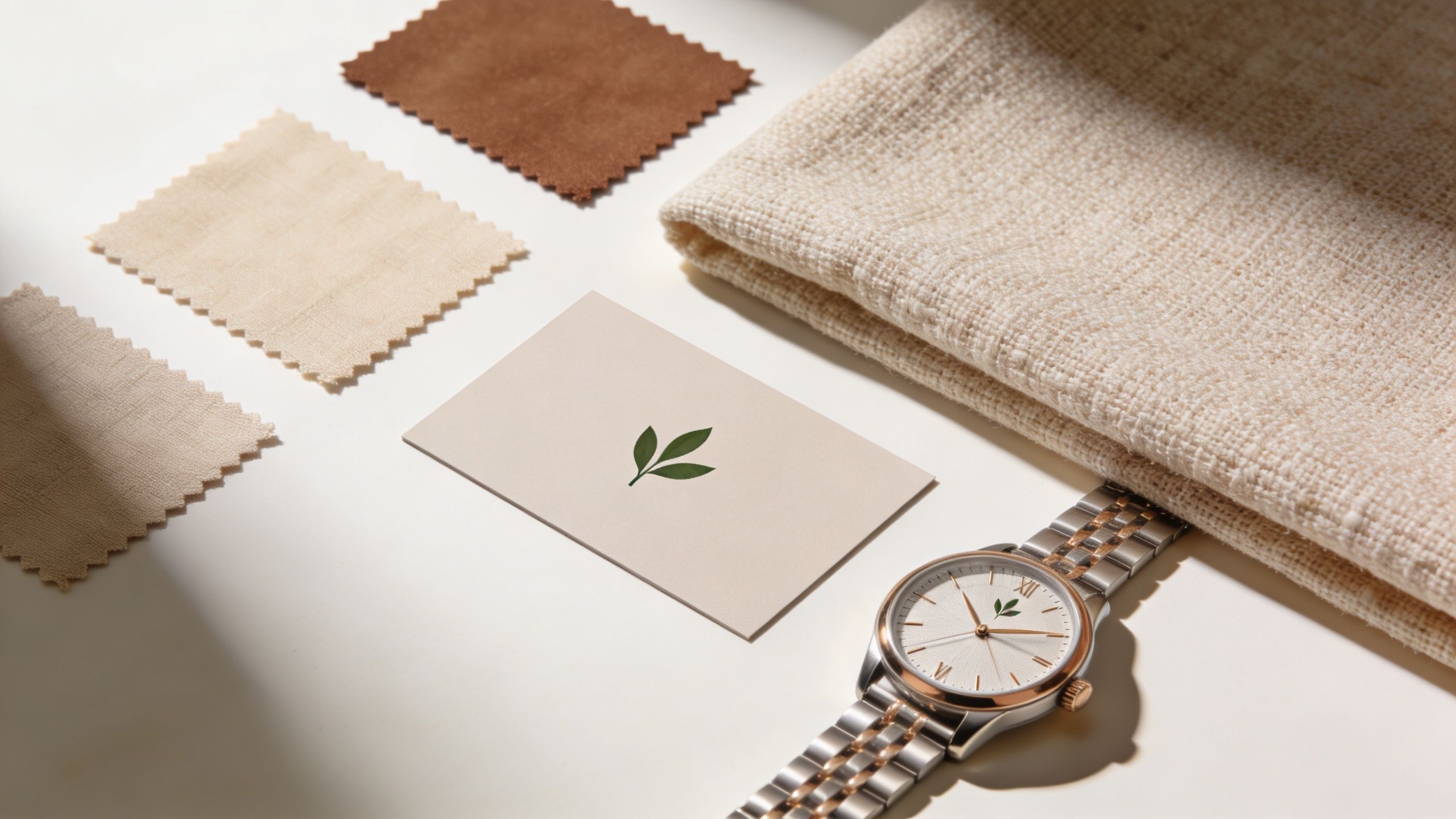 Eine Armbanduhr mit einem Logo, Stoffmuster und eine Visitenkarte liegen auf einem hellen, minimalistischen Hintergrund.