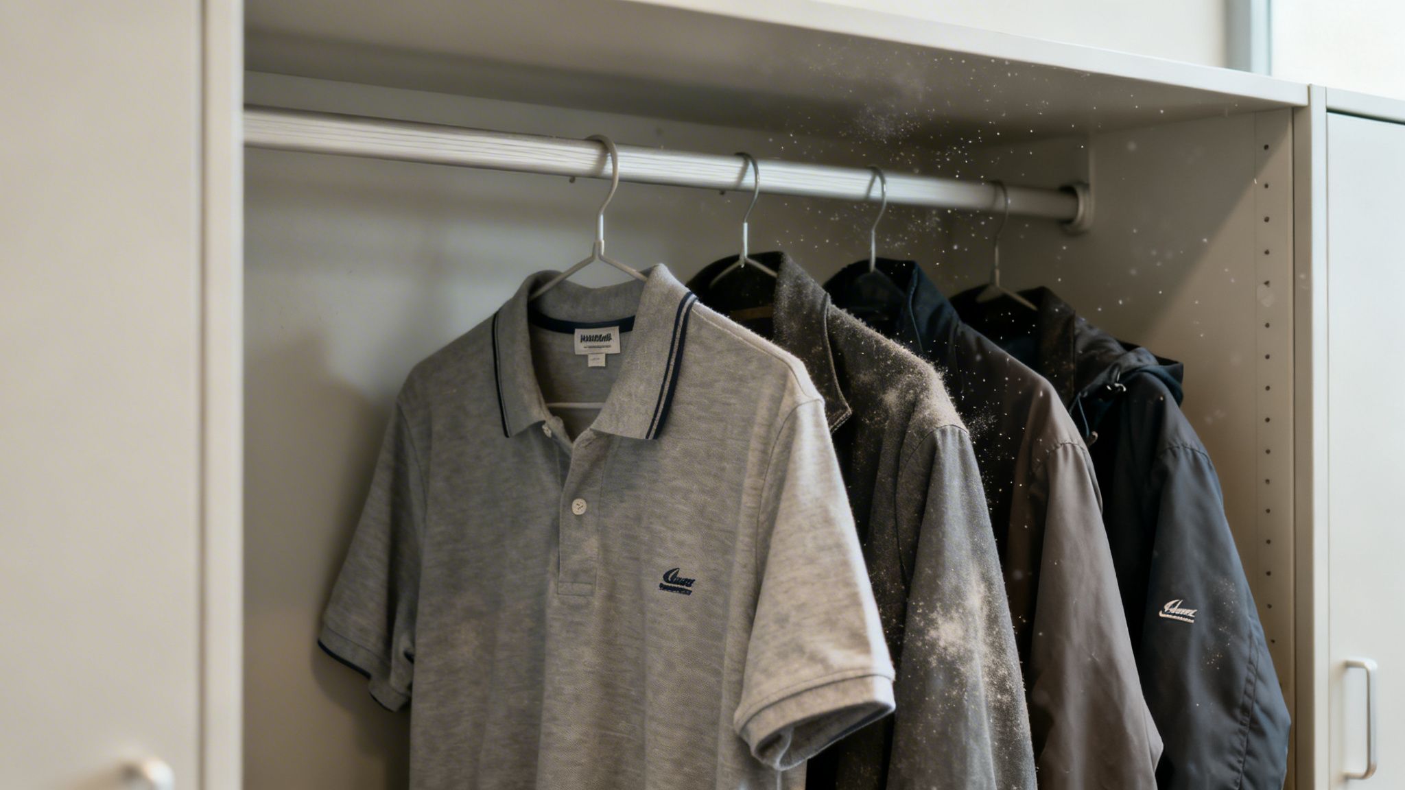 Mehrere staubige Kleidungsstücke hängen in einem Kleiderschrank; Staubpartikel schweben in der Luft.