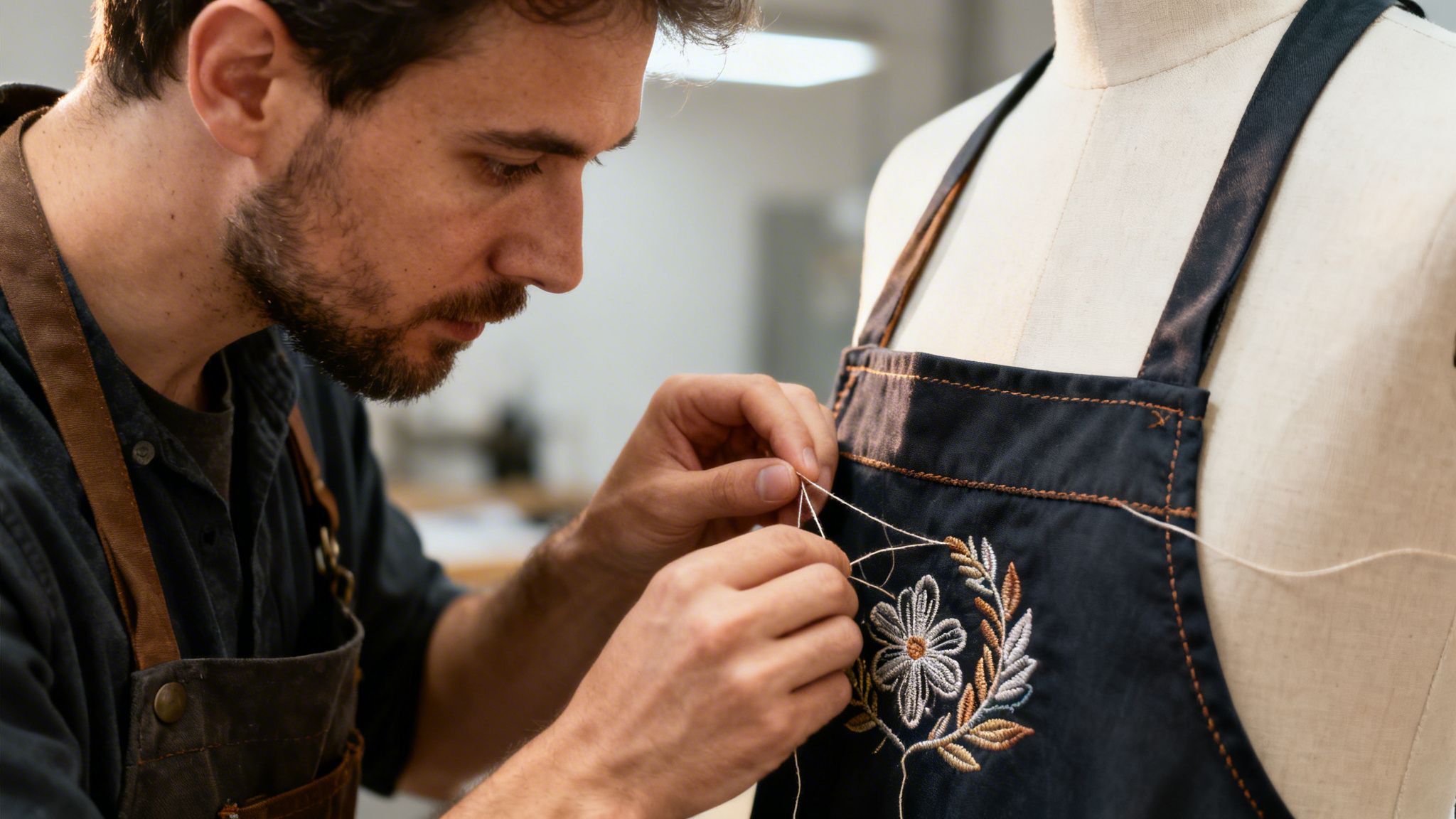 Ein bärtiger Mann bestickt sorgfältig eine Schürze mit einem Blumenmuster auf einer Schaufensterpuppe.