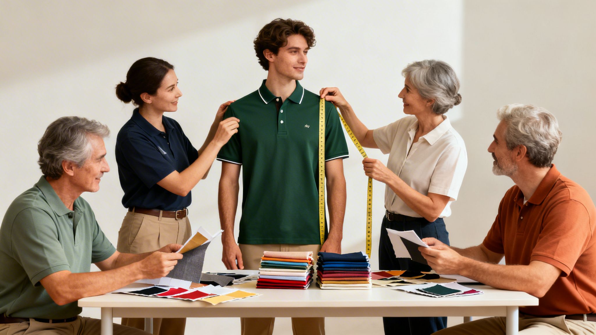 Eine Gruppe von Designern misst einen jungen Mann in einem grünen Poloshirt an, um Vereinsbekleidung zu entwerfen.