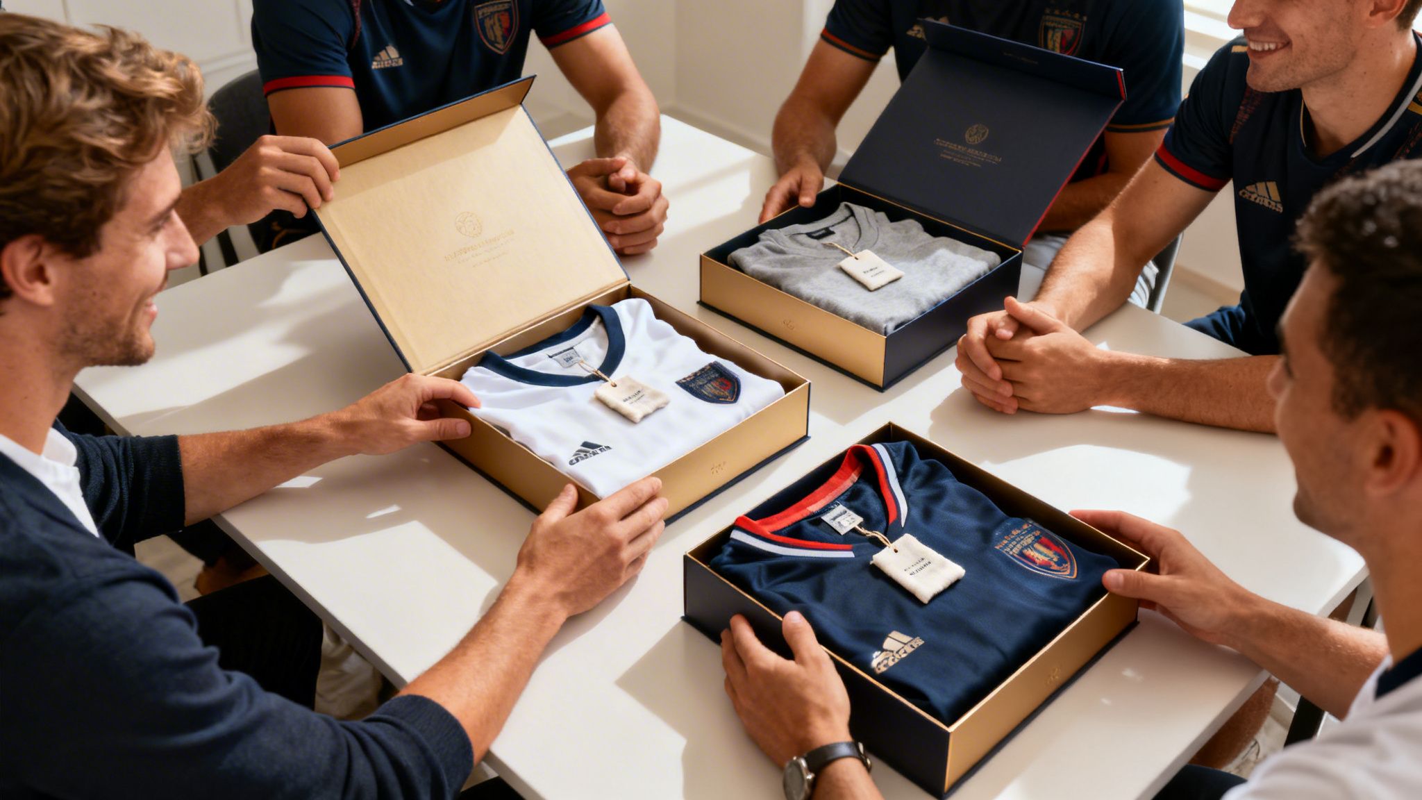 Vier Männer öffnen Geschenkboxen mit neuen Adidas Sporttrikots an einem Tisch.