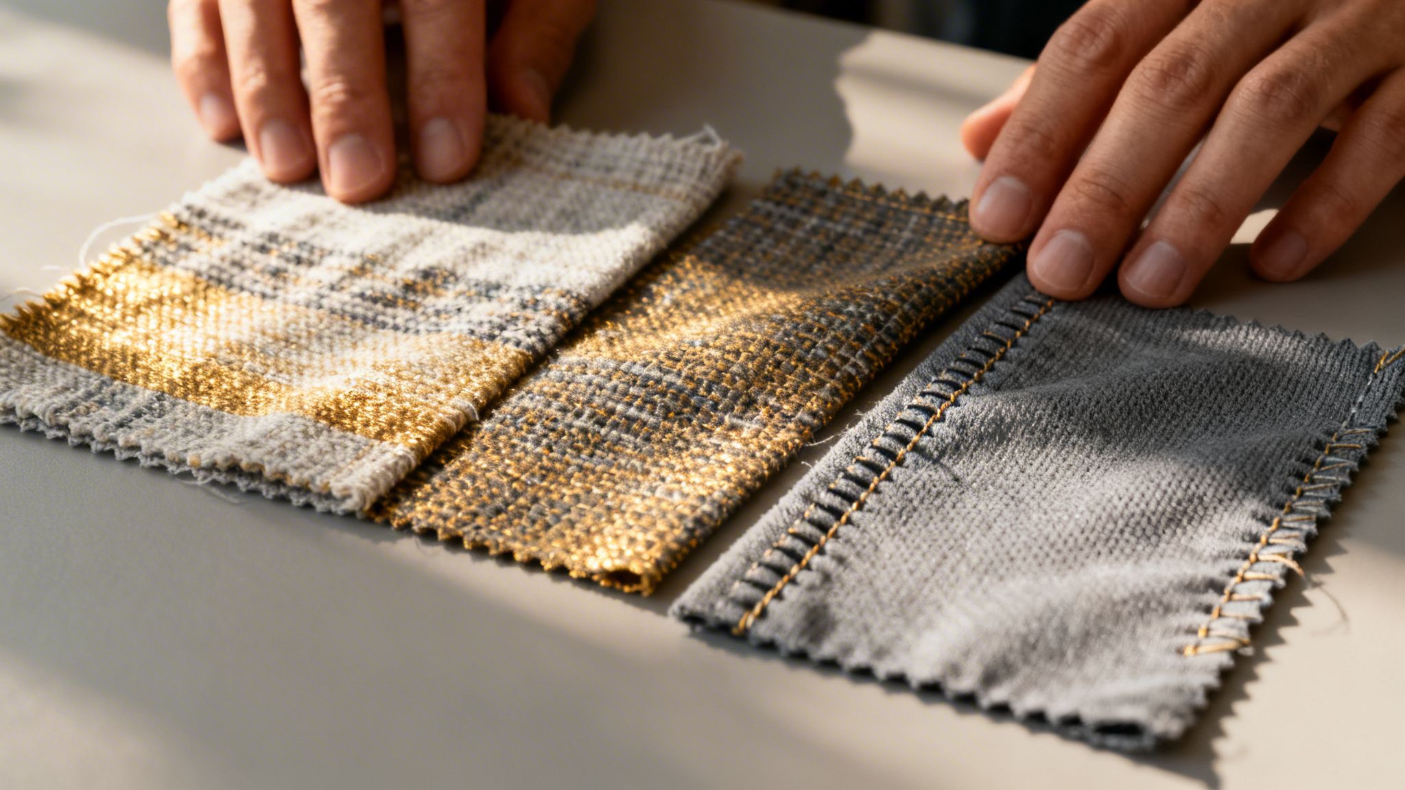 Hände präsentieren drei Stoffmuster mit Goldfäden für Teambekleidung in Koblenz.