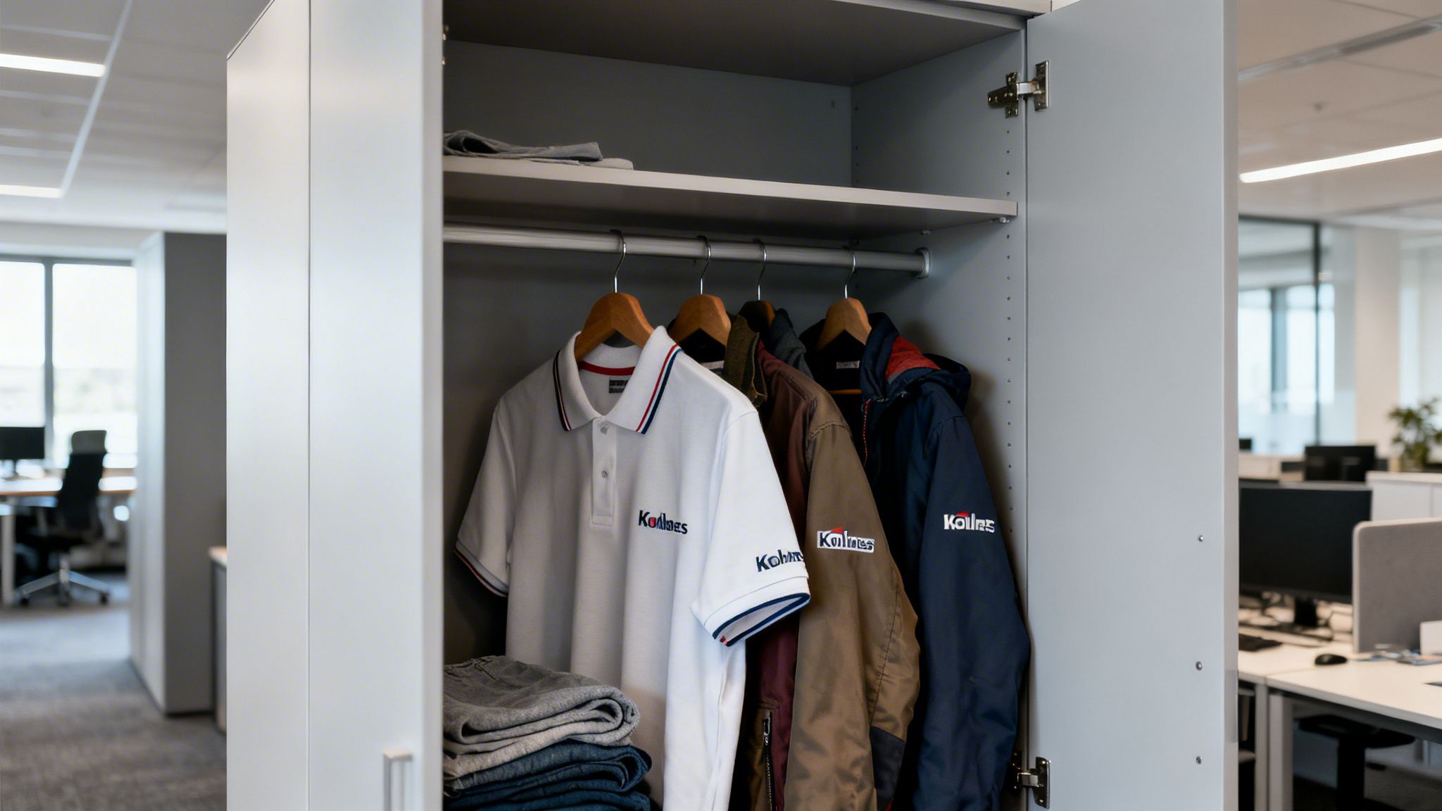 Offener Büroschrank mit Kollnes Teambekleidung: Polo-Shirt, Jacken und gefaltete Kleidung.