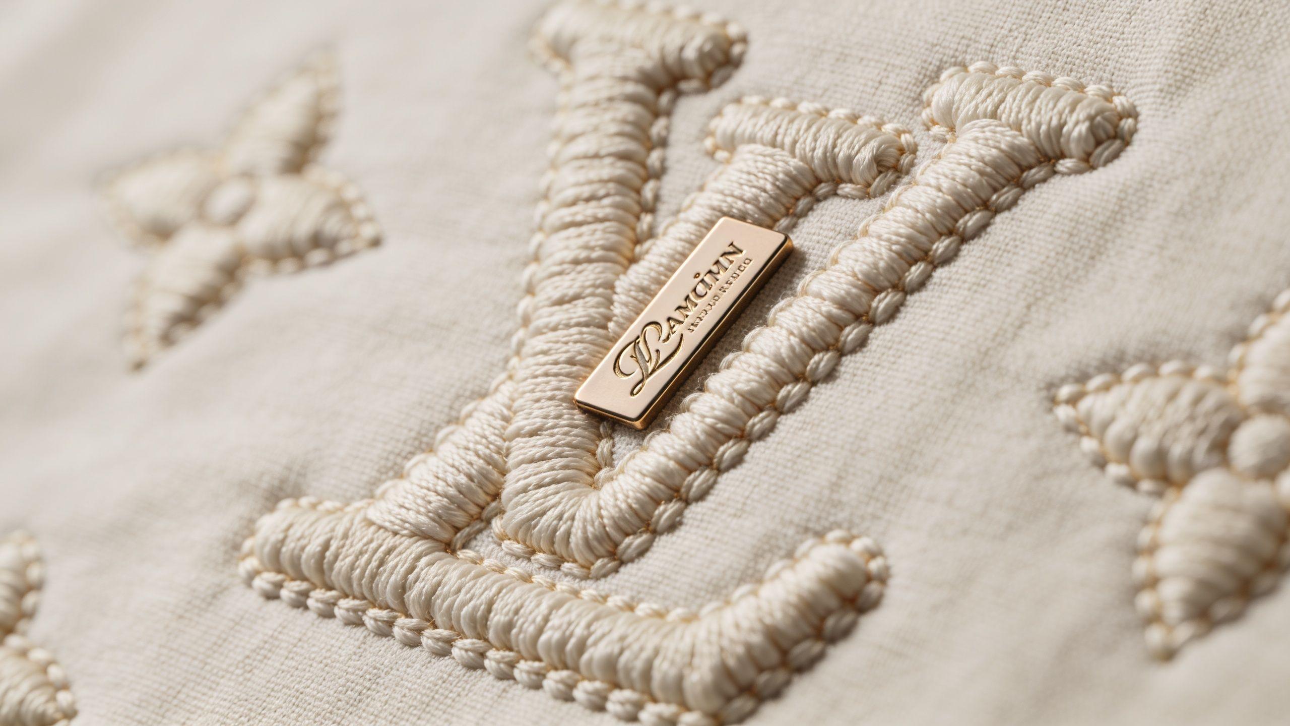 Ein luxuriöses, aufgesticktes Markenlogo auf einem hellen Textilstoff mit einem kleinen, eleganten, goldenen Metallplättchen im Detail.