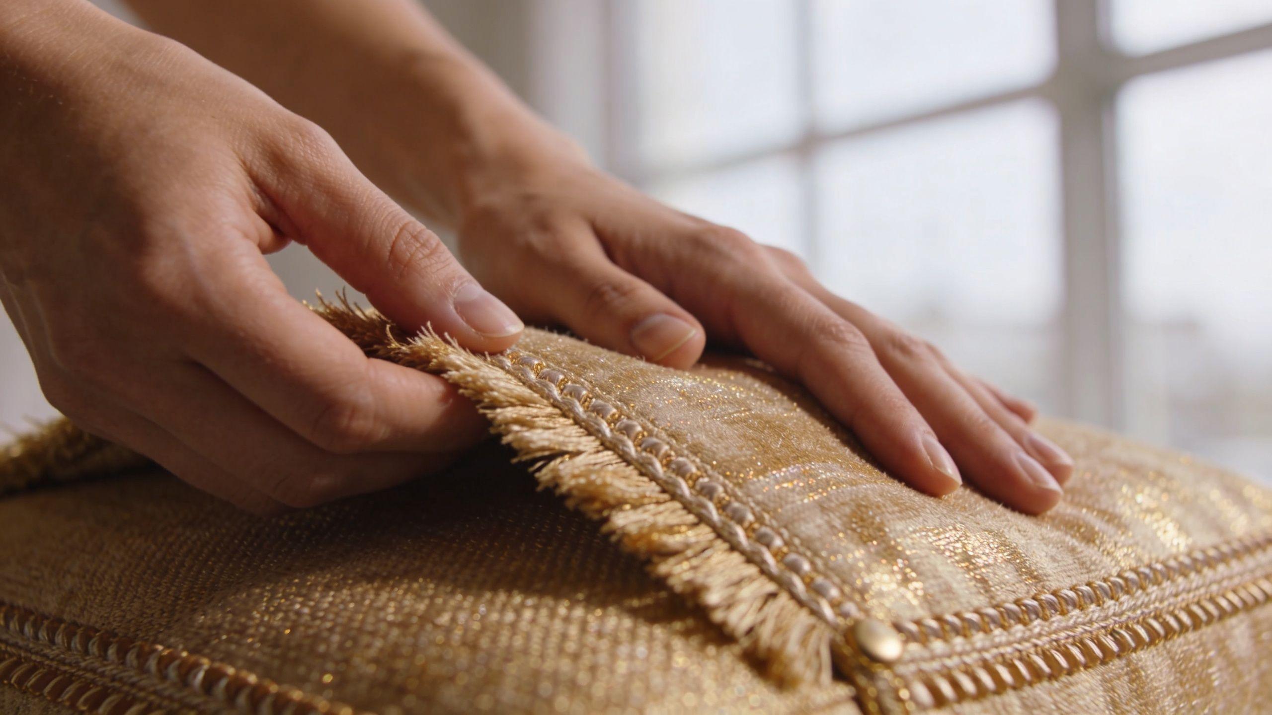 Eine Hand berührt sanft ein luxuriöses, goldenes Kissen mit filigranen Fransen und dekorativen Details für gehobenes Wohndesign.