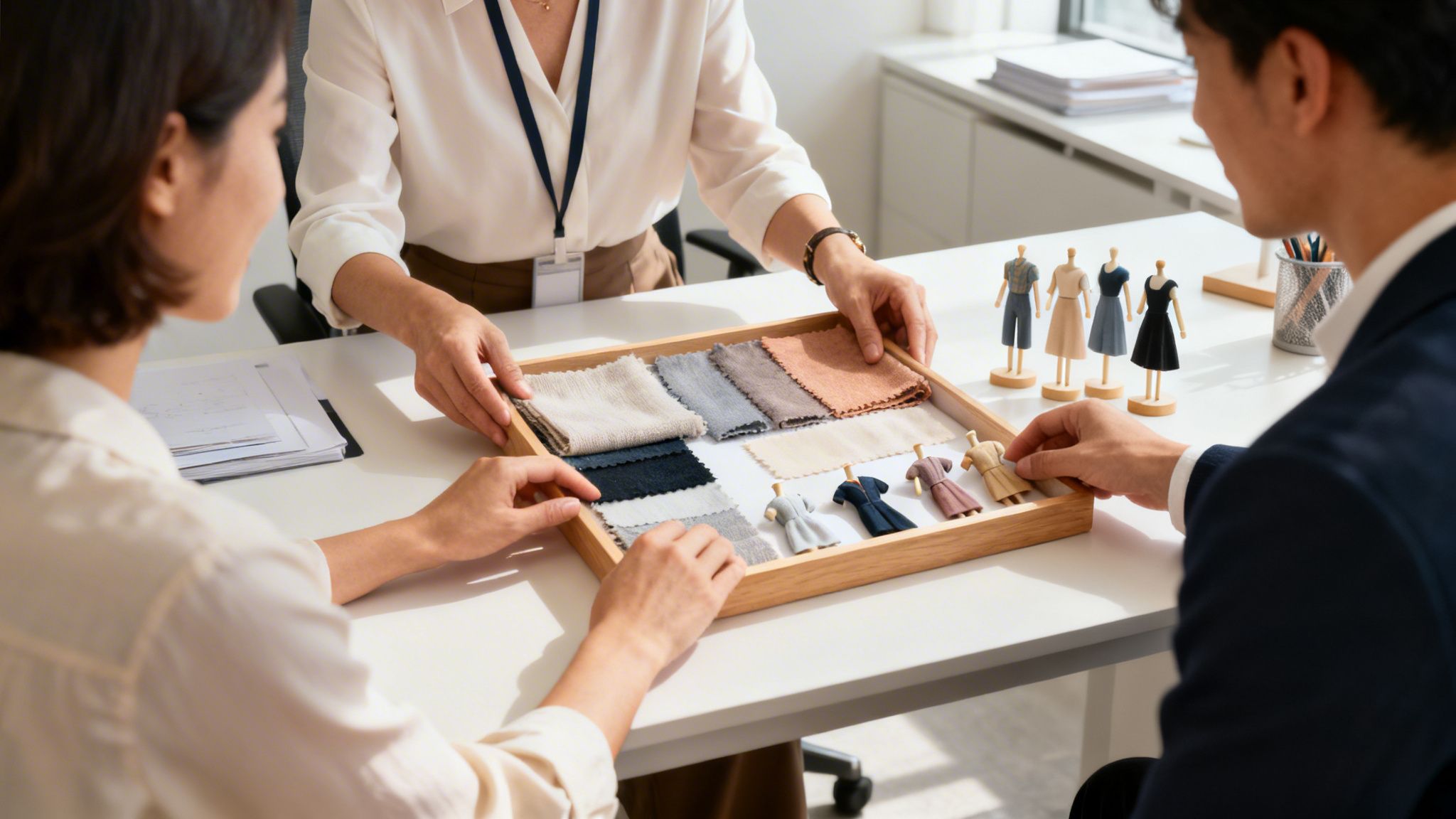 Drei Personen wählen Stoffmuster und Kleidungsdesigns aus einem Tablett auf einem Schreibtisch in einem Büro.
