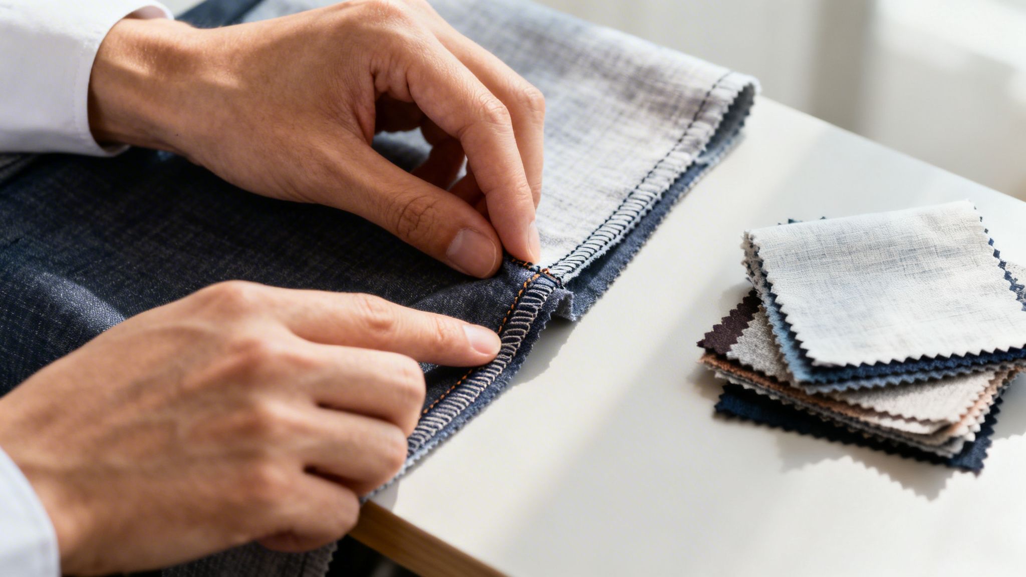 Nahaufnahme von Händen, die Stoff bearbeiten, mit verschiedenen Stoffmustern auf einem weißen Tisch.