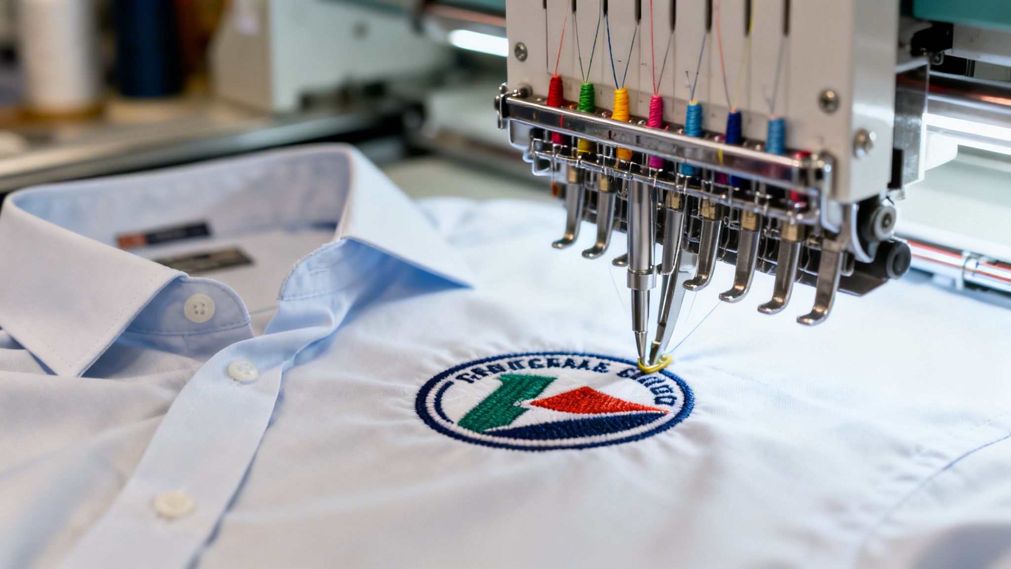 Nahaufnahme einer industriellen Stickmaschine, die ein farbiges Logo auf ein hellblaues Hemd stickt.
