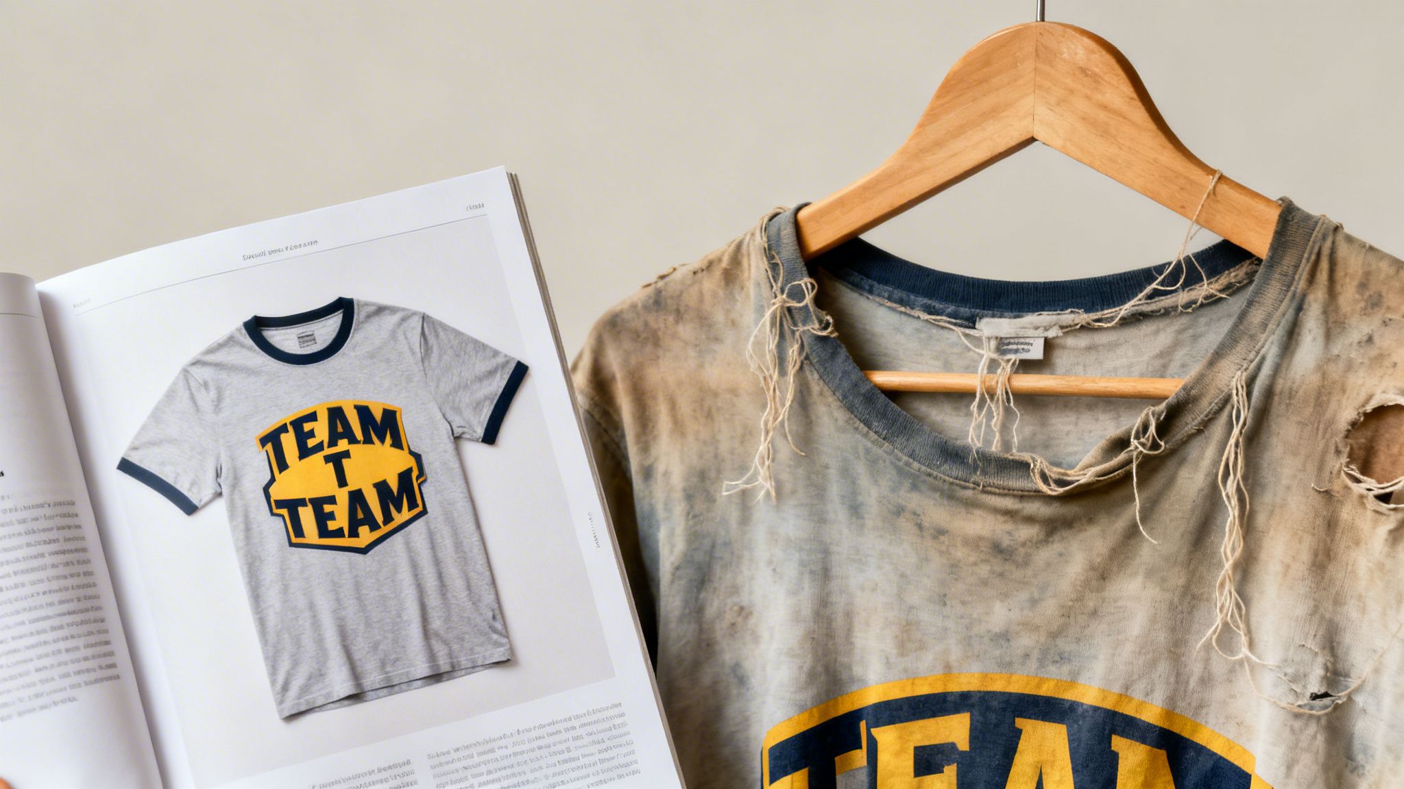 Magazin zeigt neues 'TEAM'-T-Shirt; daneben hängt ein stark abgenutztes und zerrissenes T-Shirt.