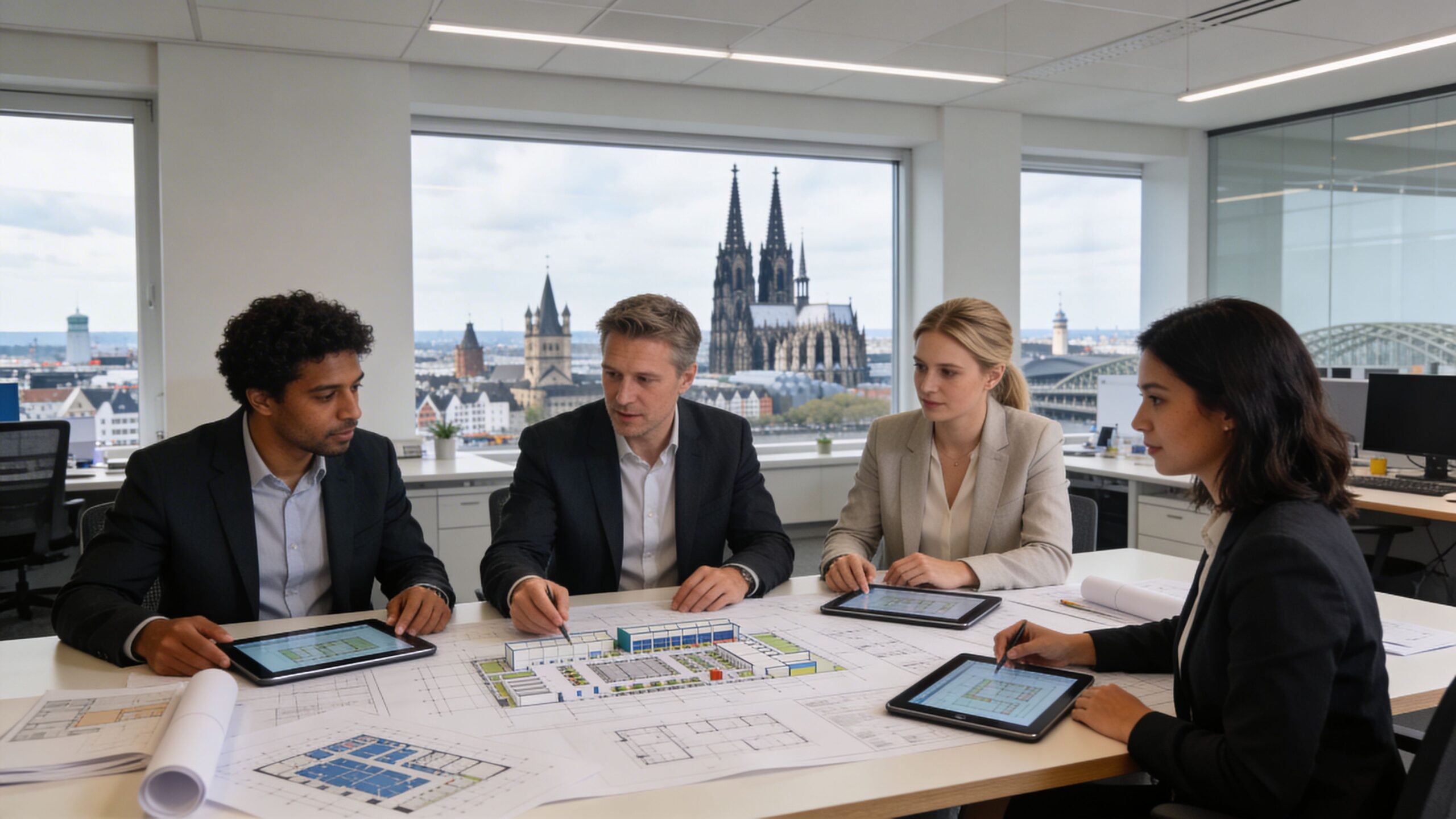 Ein Team von Architekten bespricht Baupläne in einem Büro mit Blick auf den Kölner Dom.