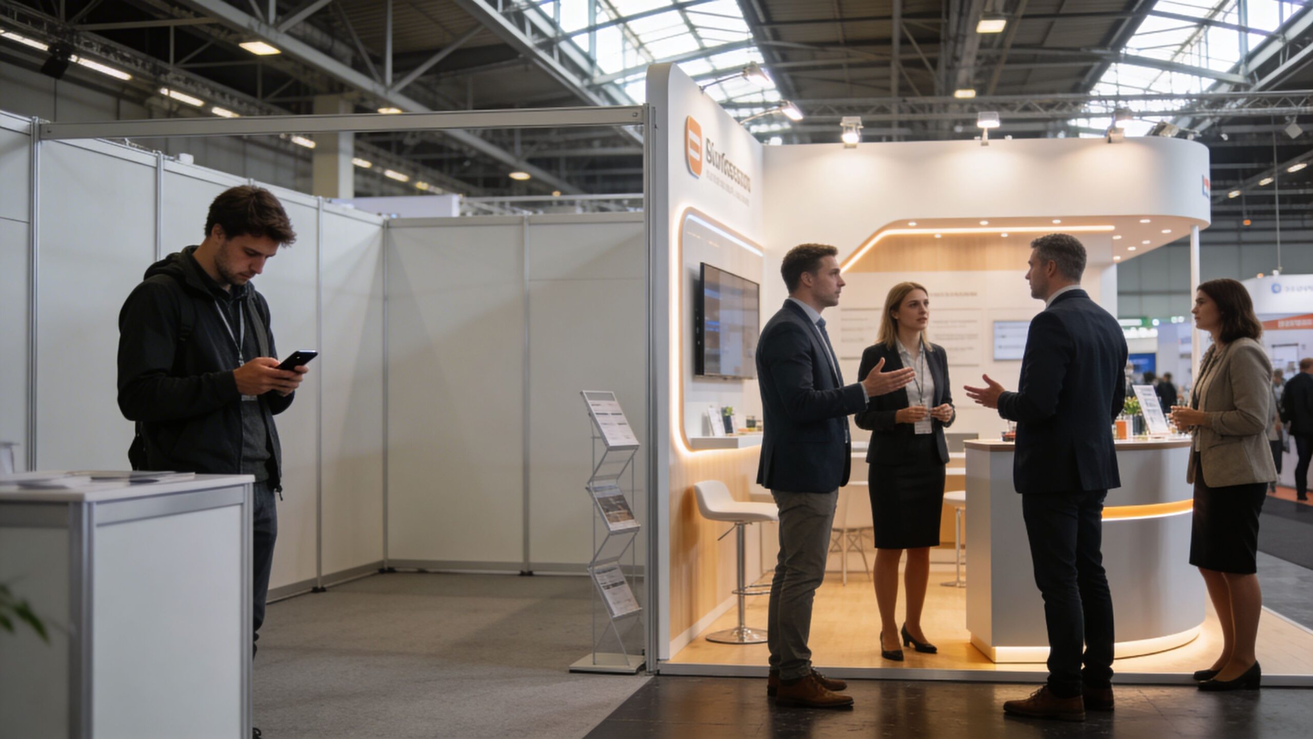 Ein Mann schaut auf sein Smartphone vor einem Messestand, während andere Personen sich im Hintergrund unterhalten.