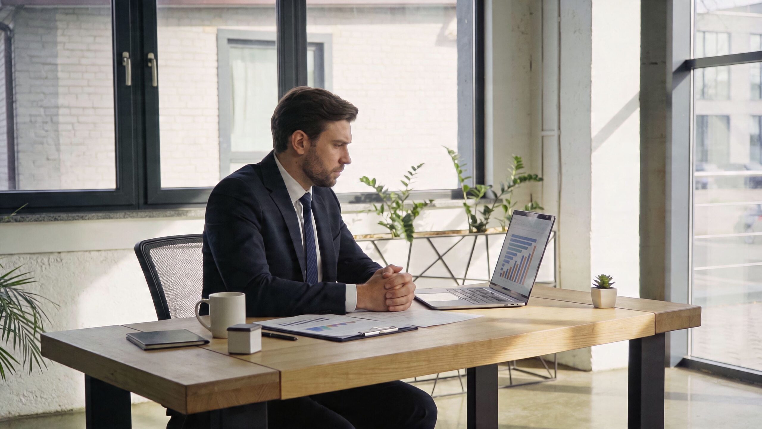 Ein fokussierter Geschäftsmann im Anzug arbeitet an seinem Laptop an einem hellen, modernen Schreibtisch im Büro.