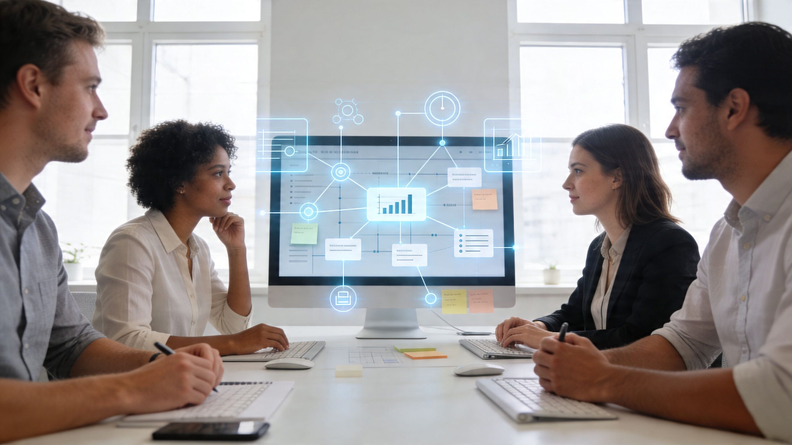 Ein professionelles Team bespricht Datenvisualisierungen und Strategien an einem Computerarbeitsplatz in einem modernen, hellen Büro.