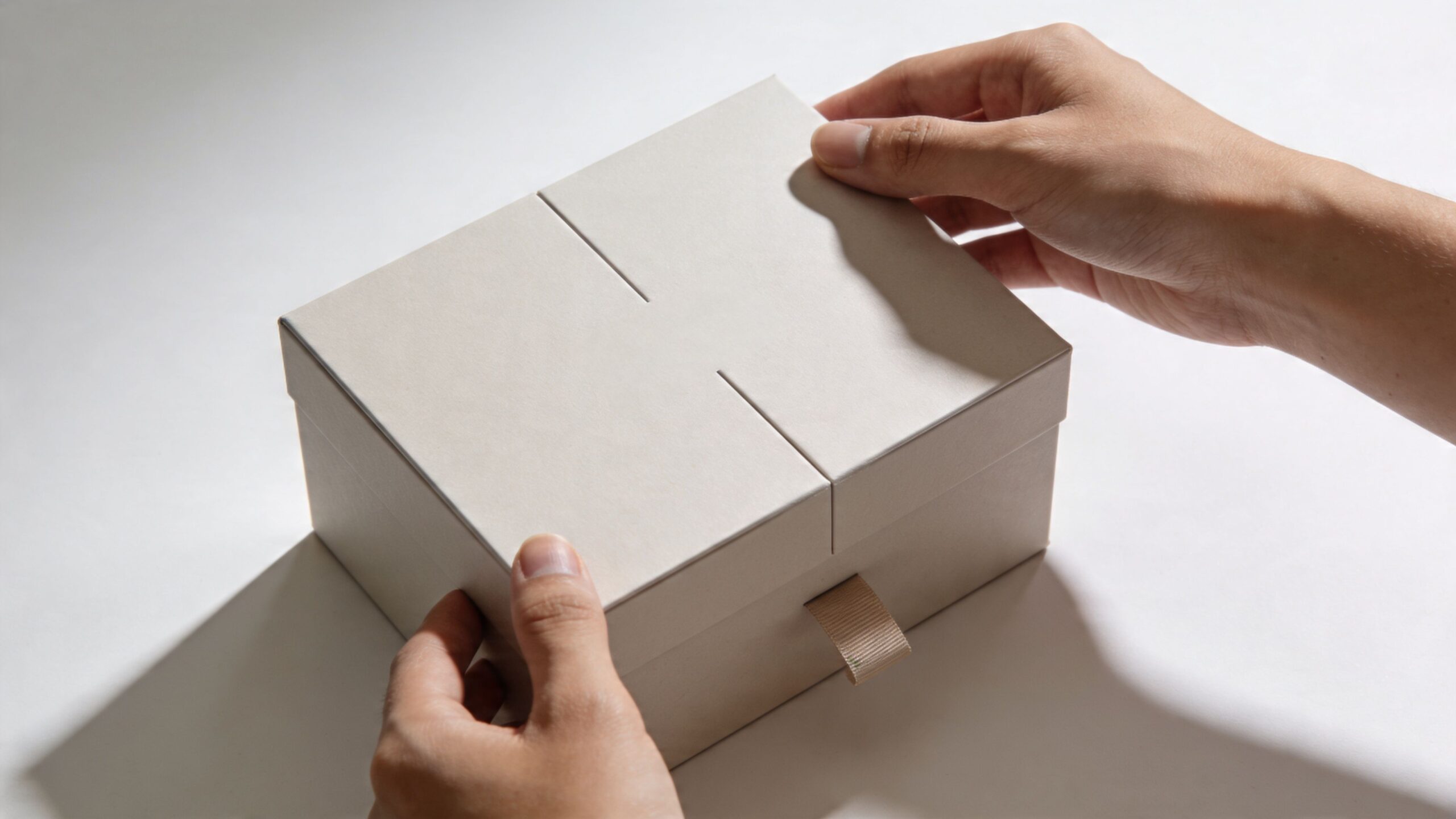 Zwei Hände halten eine minimalistische, beige quadratische Geschenkbox mit einem kleinen Stoffband zum Öffnen auf weißem Untergrund.