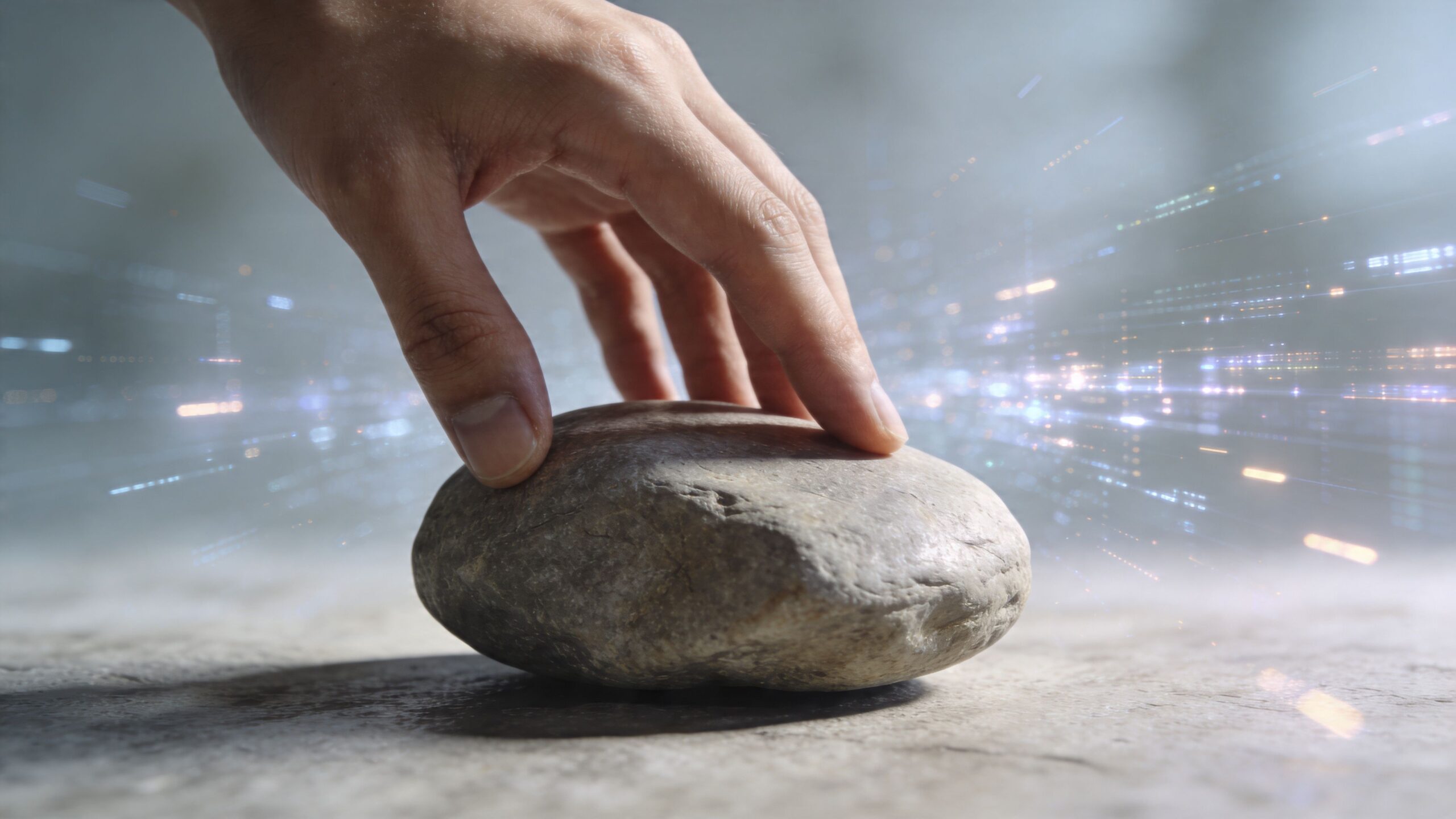 Eine menschliche Hand berührt einen glatten Stein mit digitalen Lichteffekten im Hintergrund, die technologischen Fortschritt symbolisieren.