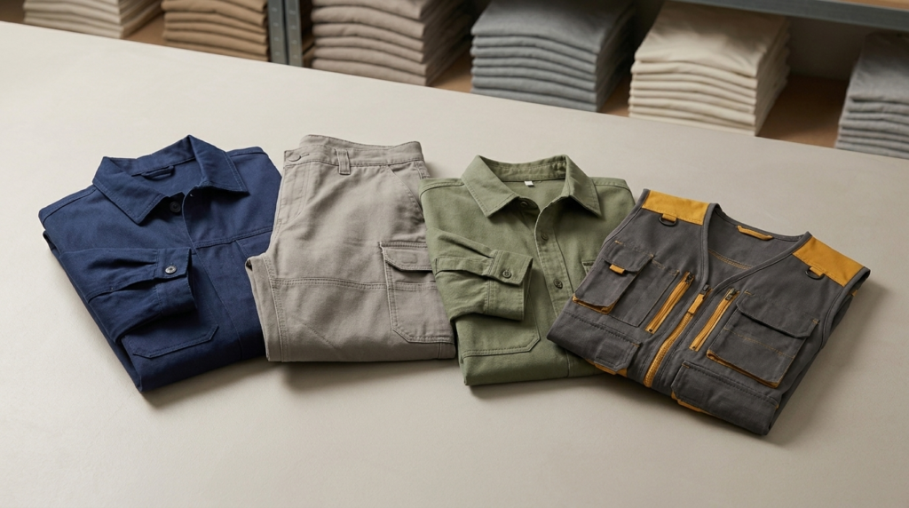 Gefaltete Workwear mit Arbeitsjacke, Arbeitshose, Overshirt und Weste auf einem Lagertisch